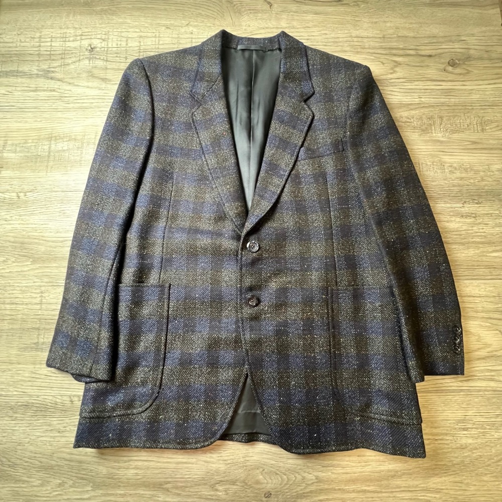 Men's Navy & Brown Plaid Sport Coat Blazer - Classic Tailored Look